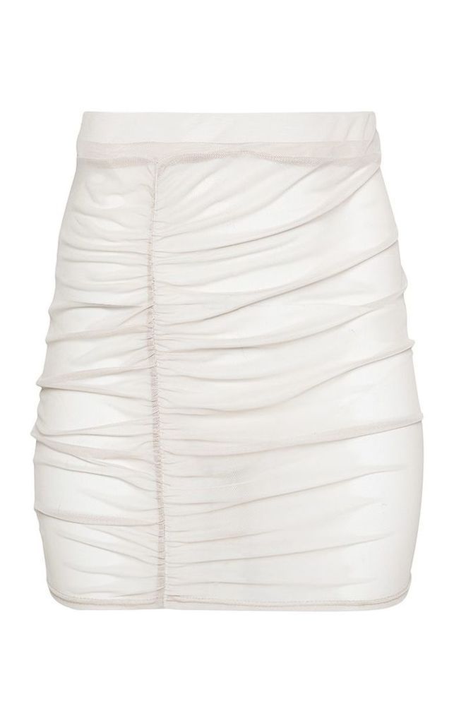 Shape Stone Sheer Mesh Ruched Bodycon Skirt, White