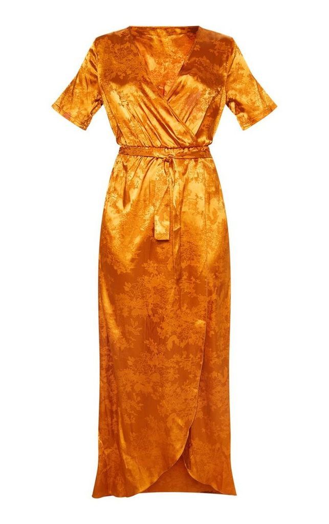 Rust Floral Jacquard Wrap Midi Dress, Orange
