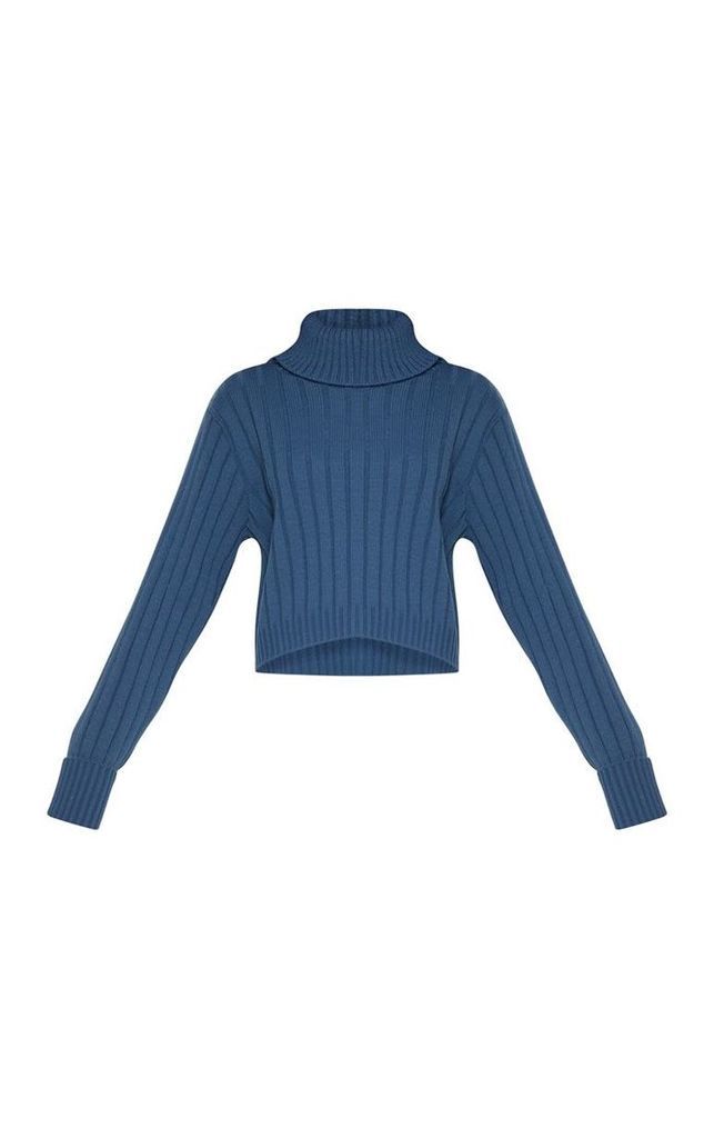 Blue Ribbed Roll Neck Cropped Jumper, Blue