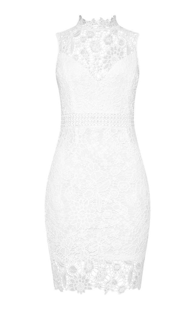 White Lace High Neck Sleeveless Bodycon Dress, White