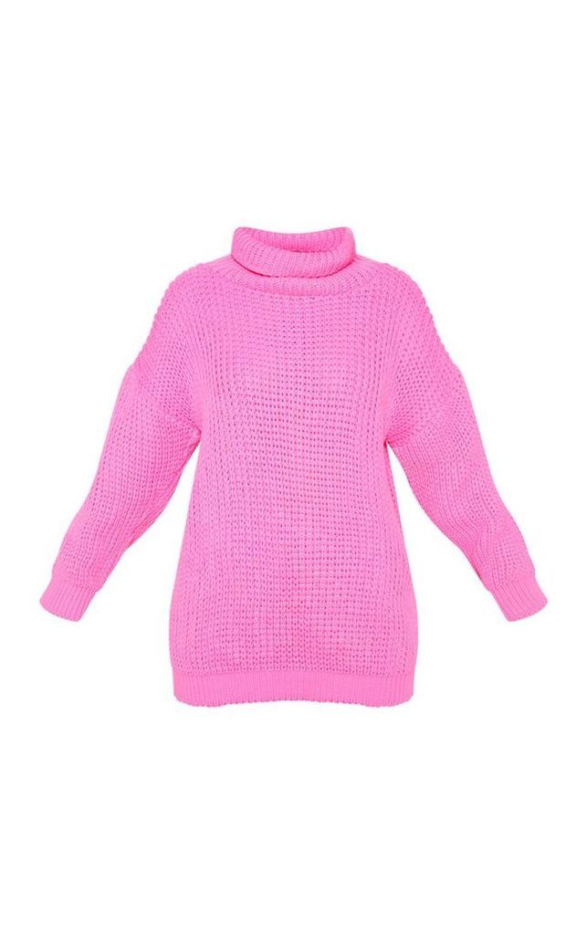 Petite  Hot Pink Roll Neck Oversized Chunky Knit Jumper, Hot Pink