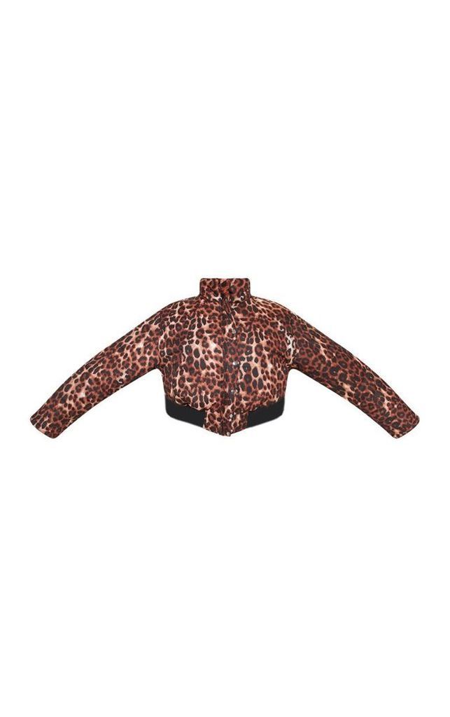 Plus Brown Leopard Print Cropped Puffer, Brown