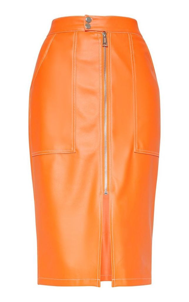 Orange Faux Leather Contrast Stitch Midi Skirt, Orange