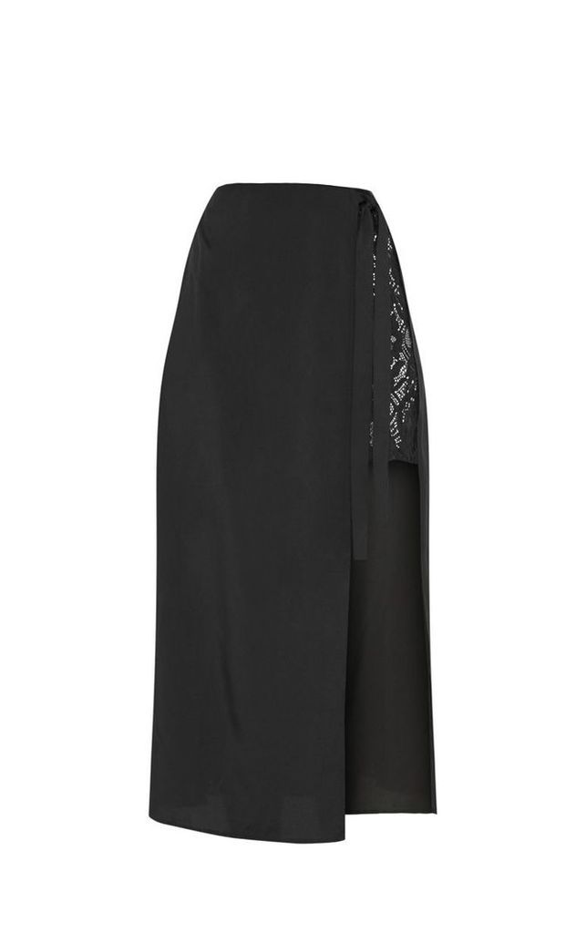 Black Lace Panel Wrap Over Skirt, Black