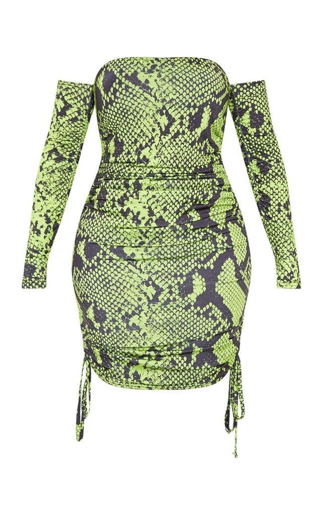 Shape Neon Lime Slinky Snake Print Ruched Side Bodycon Dress, Neon Lime
