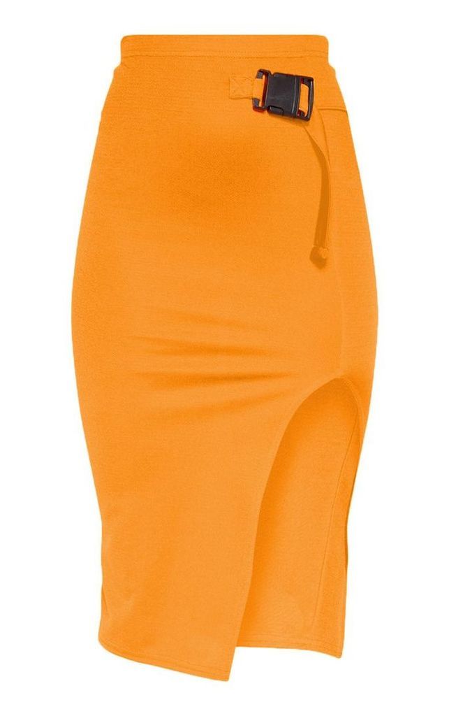 Neon Orange Buckle Detail Side Split Midi Skirt, Neon Orange
