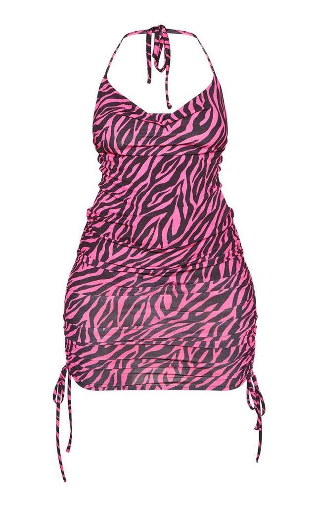 Pink Slinky Zebra Print Ruched Cowl Neck Bodycon Dress, Pink