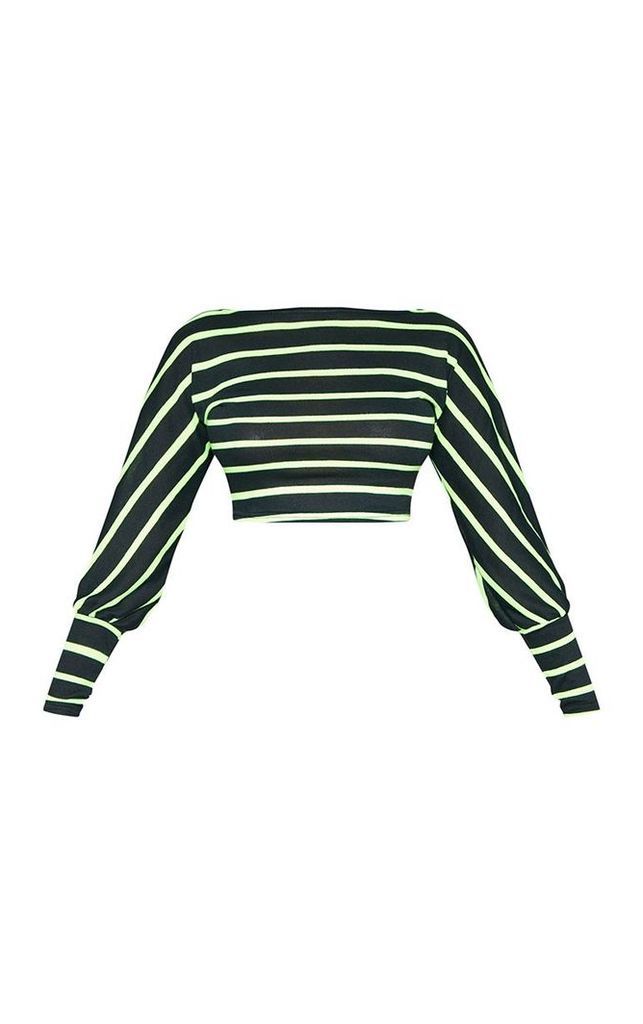 Tall Neon Green Striped Light Weight Knit Long Sleeve Crop Top, Green