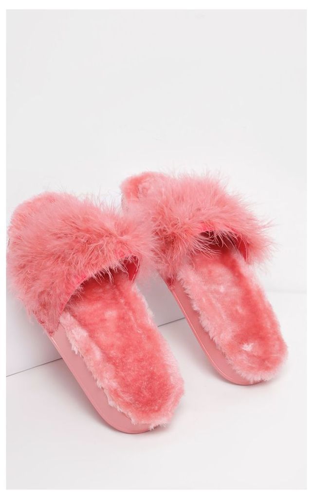 Peach Faux Fur Lined Feather Sliders, Orange