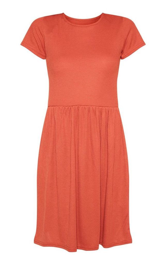 Rust Rib Short Sleeve Smock Dress, Orange