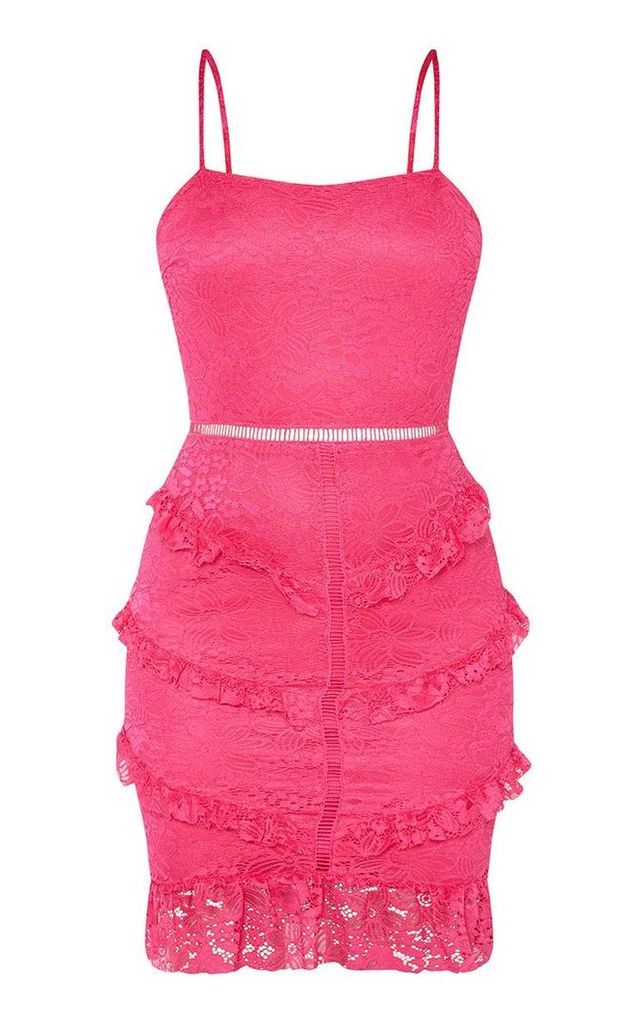 Hot Pink Lace Frill Skirt Bodycon Dress, Hot Pink
