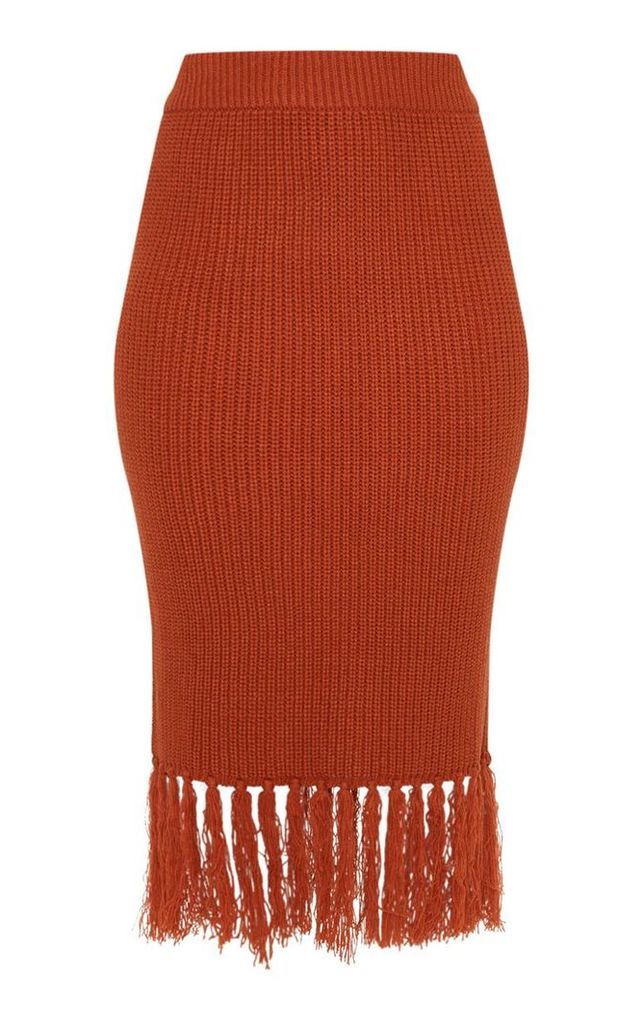 Rust Tassel Hem Knitted Midi Skirt, Orange