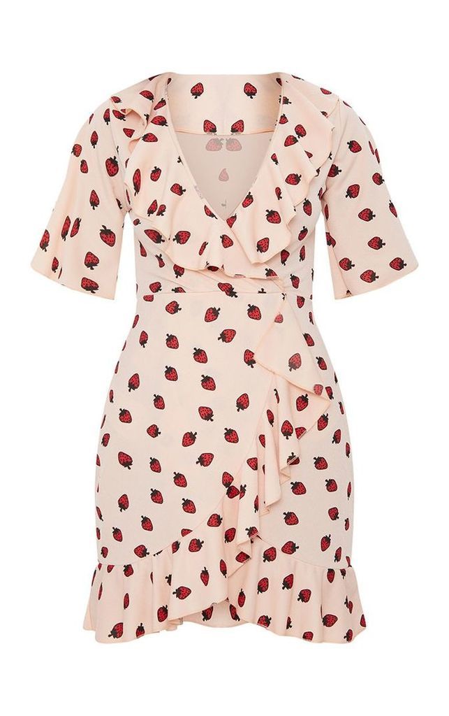 Nude Strawberry Print Frill Wrap Over Tea Dress, Pink
