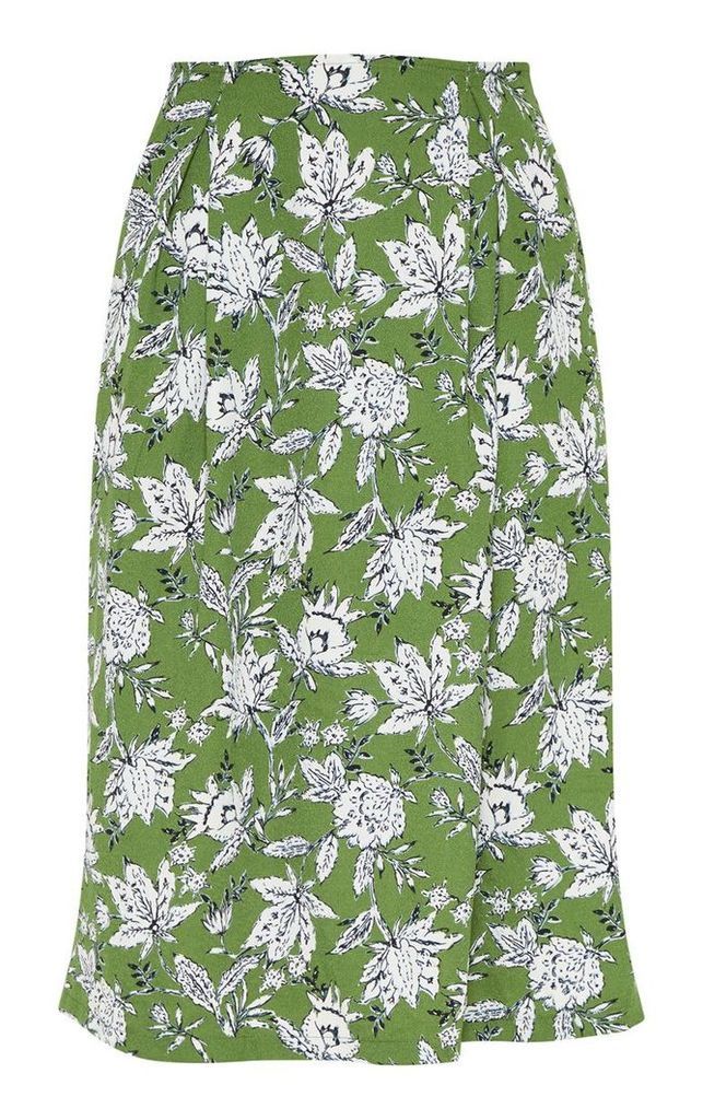 Green Floral Printed Pleat Front Midi Skirt, Green