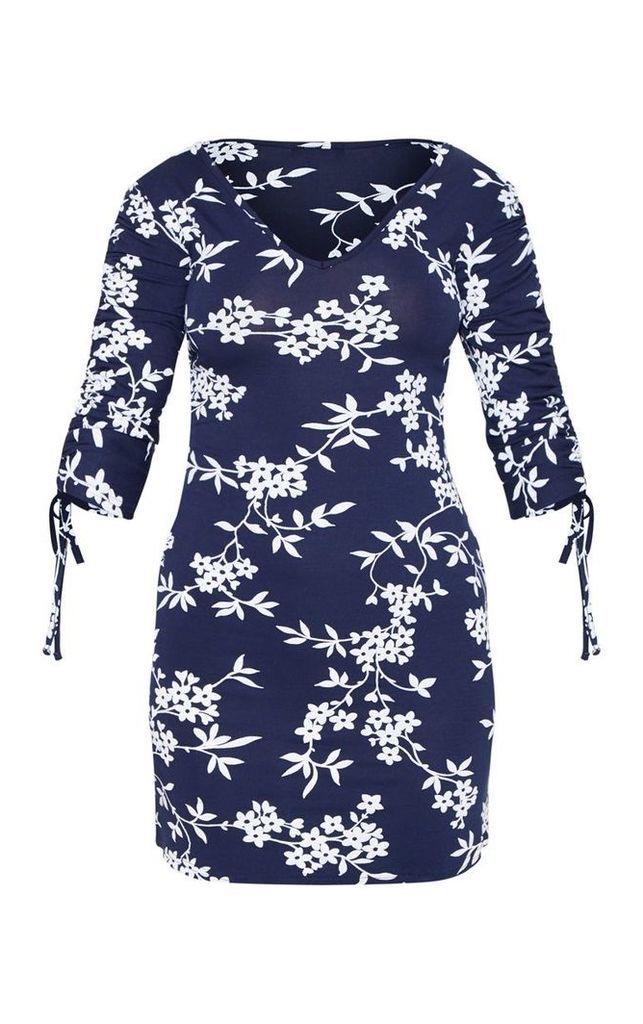 Navy Floral Print Ruched Sleeve V Neck Shift Dress, Blue