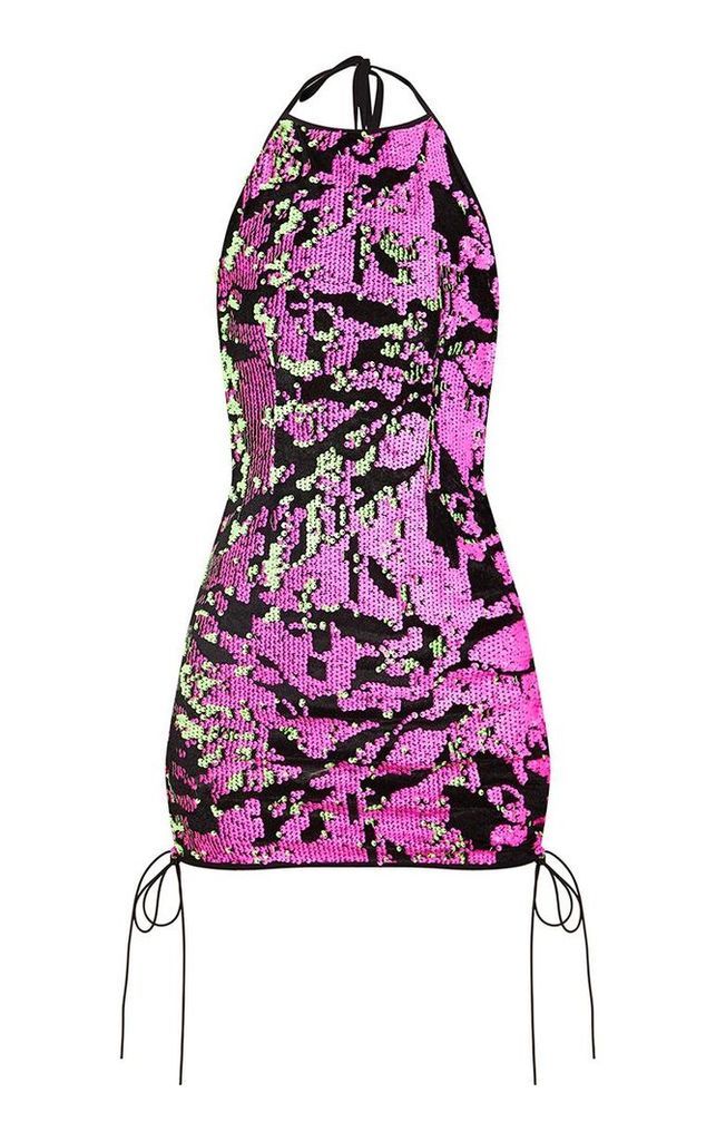 Pink Halterneck Sequin Lace Up Bodycon Dress, Pink