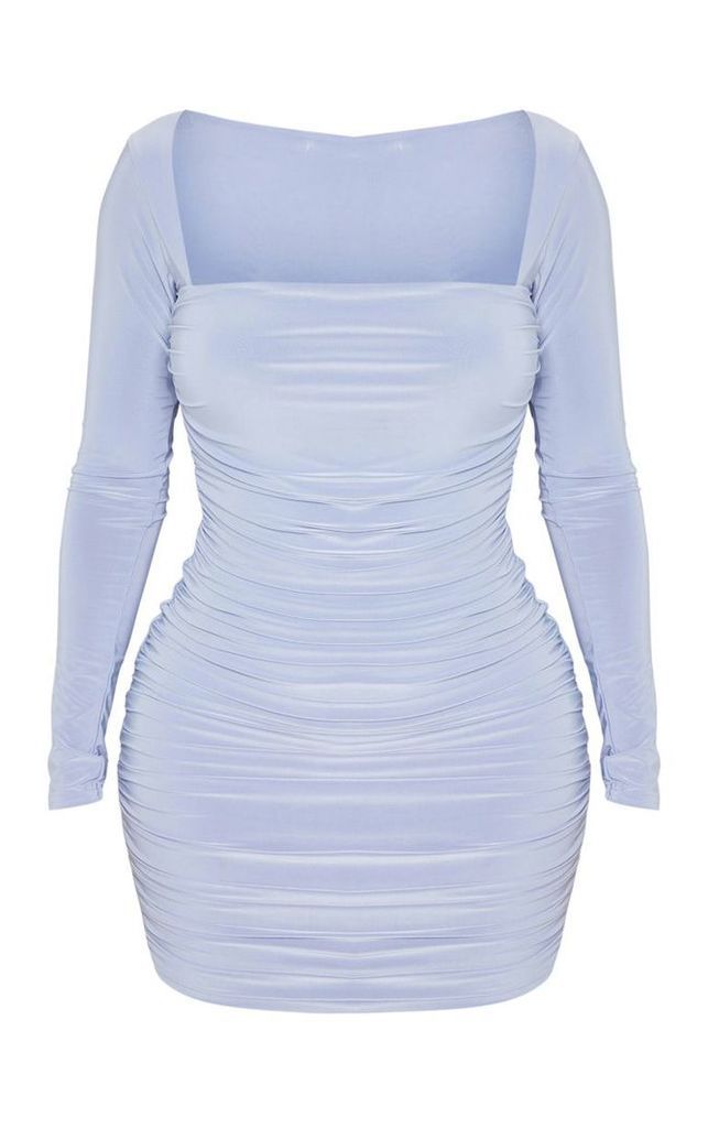 Shape Dusty Blue Slinky Square Neck Ruched Front Bodycon Dress, Blue