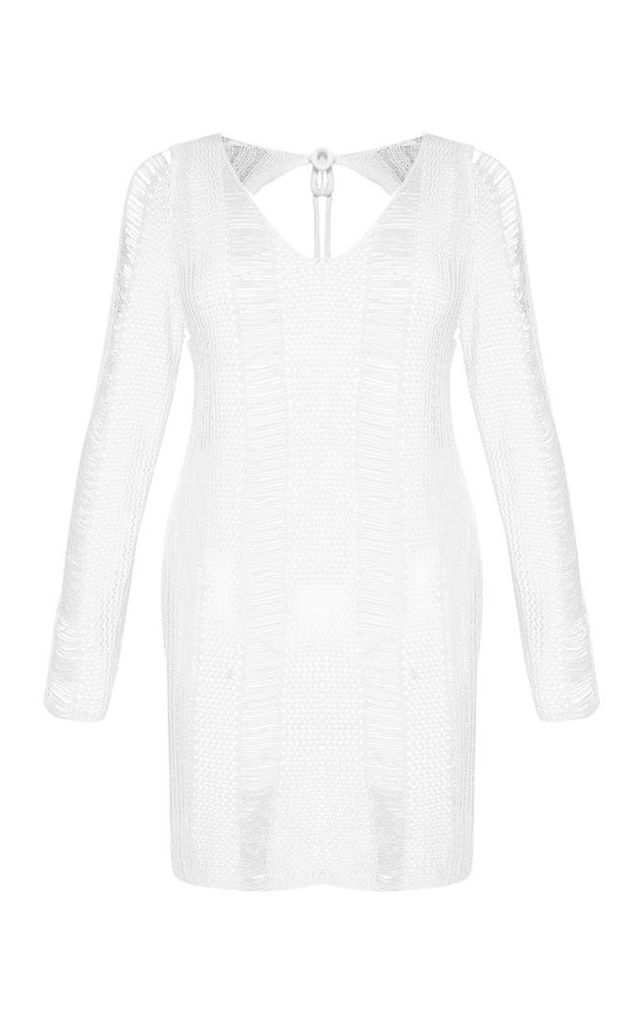 Stone Crochet Distressed Open Back Dress, White