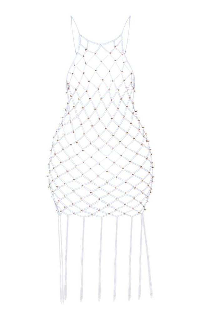 White Beaded Knitted Fringe Hem Dress, White