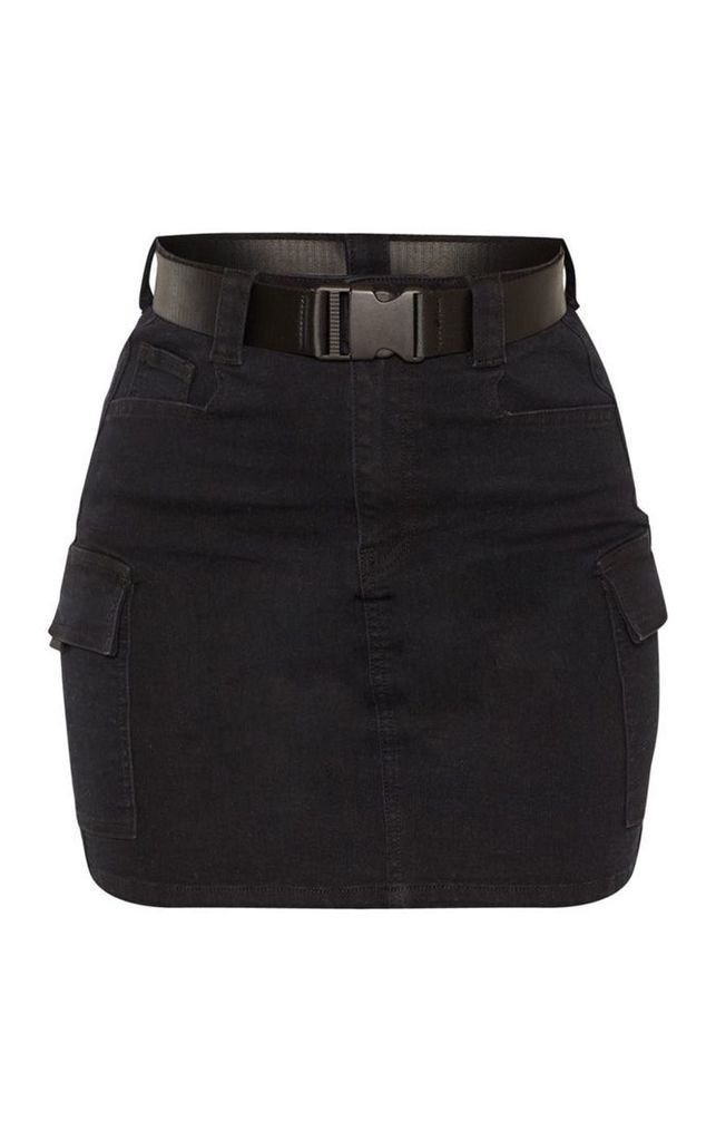Black Cargo Pocket Denim Skirt, Black