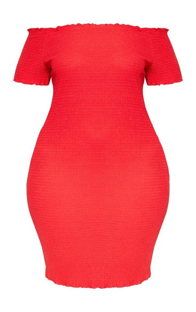 Plus Red Textured Bardot Puff Sleeve Bodycon Dress, Red