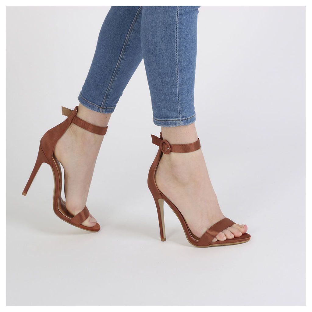 Crystal Self Buckled Barely There Heels in Rust Satin, Brown