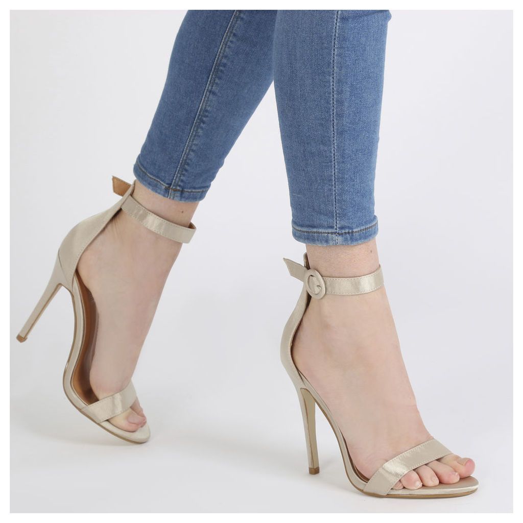 Crystal Self Buckled Barely There Heels  Satin, Cream