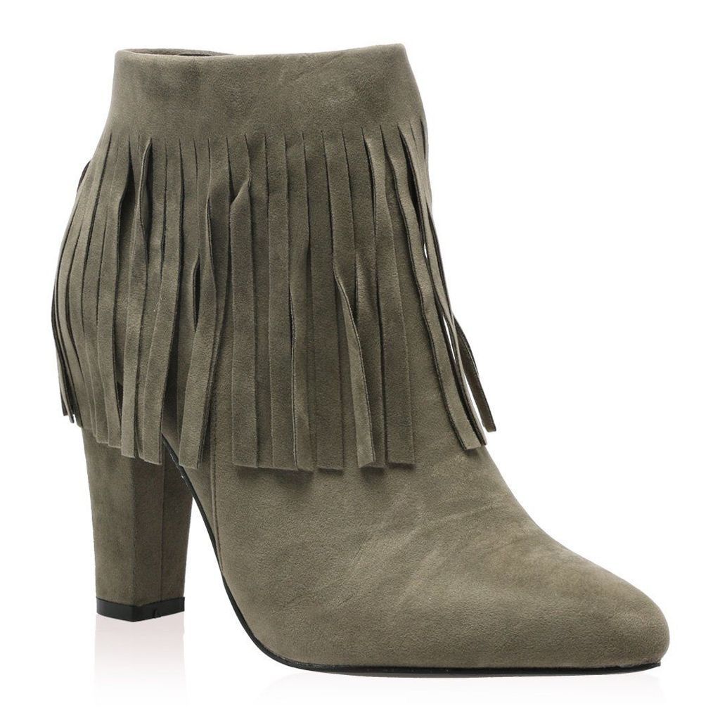 Ryder Fringed Boots in Khaki Faux Suede, Green