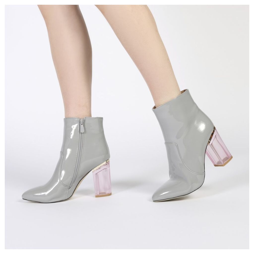 Cate Pointed Toe Perspex Heel Ankle Boots in Grey Patent