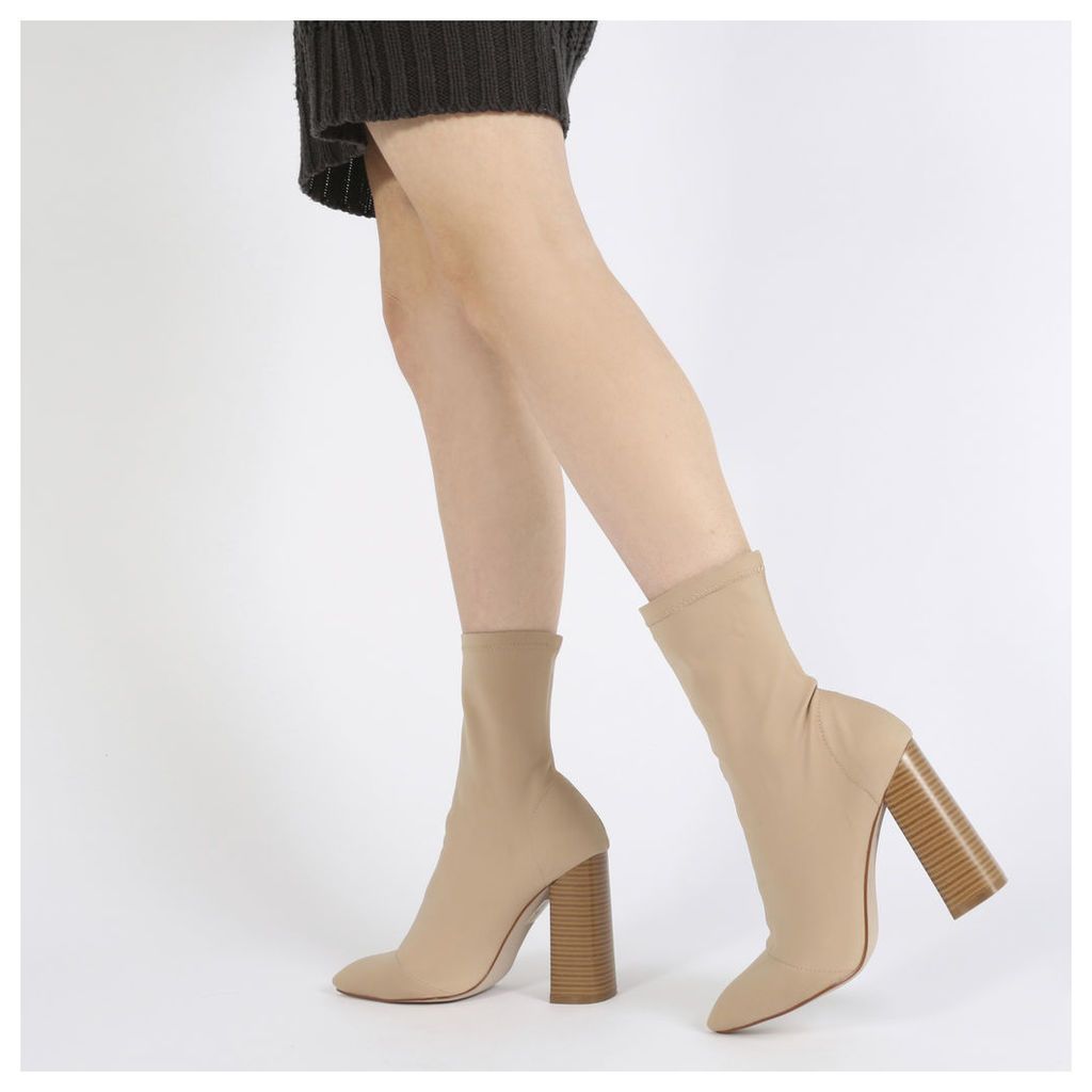 Libby Flared Heel Sock Fit Ankle Boots in Nude Stretch