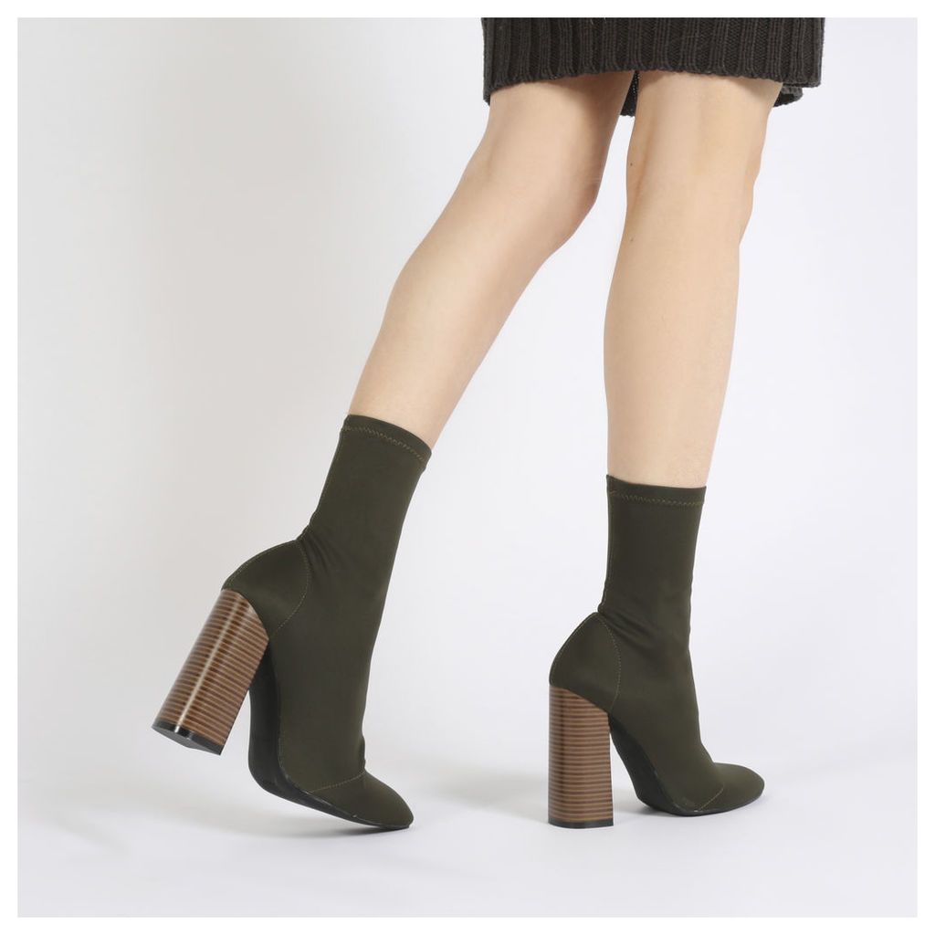 Libby Flared Heel Sock Fit Ankle Boots in Khaki Stretch