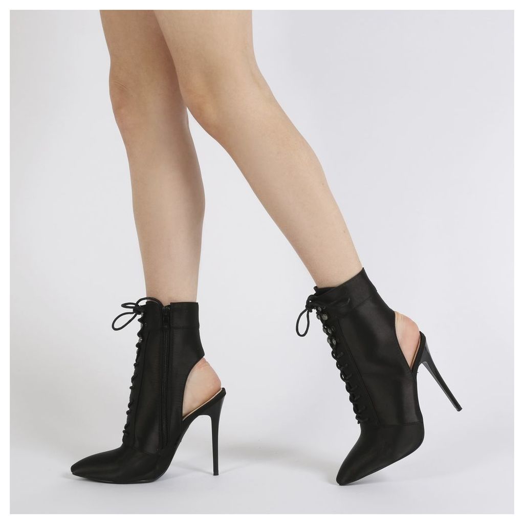 Chyna Cut Out Lace Up Ankle Boots in Black Satin
