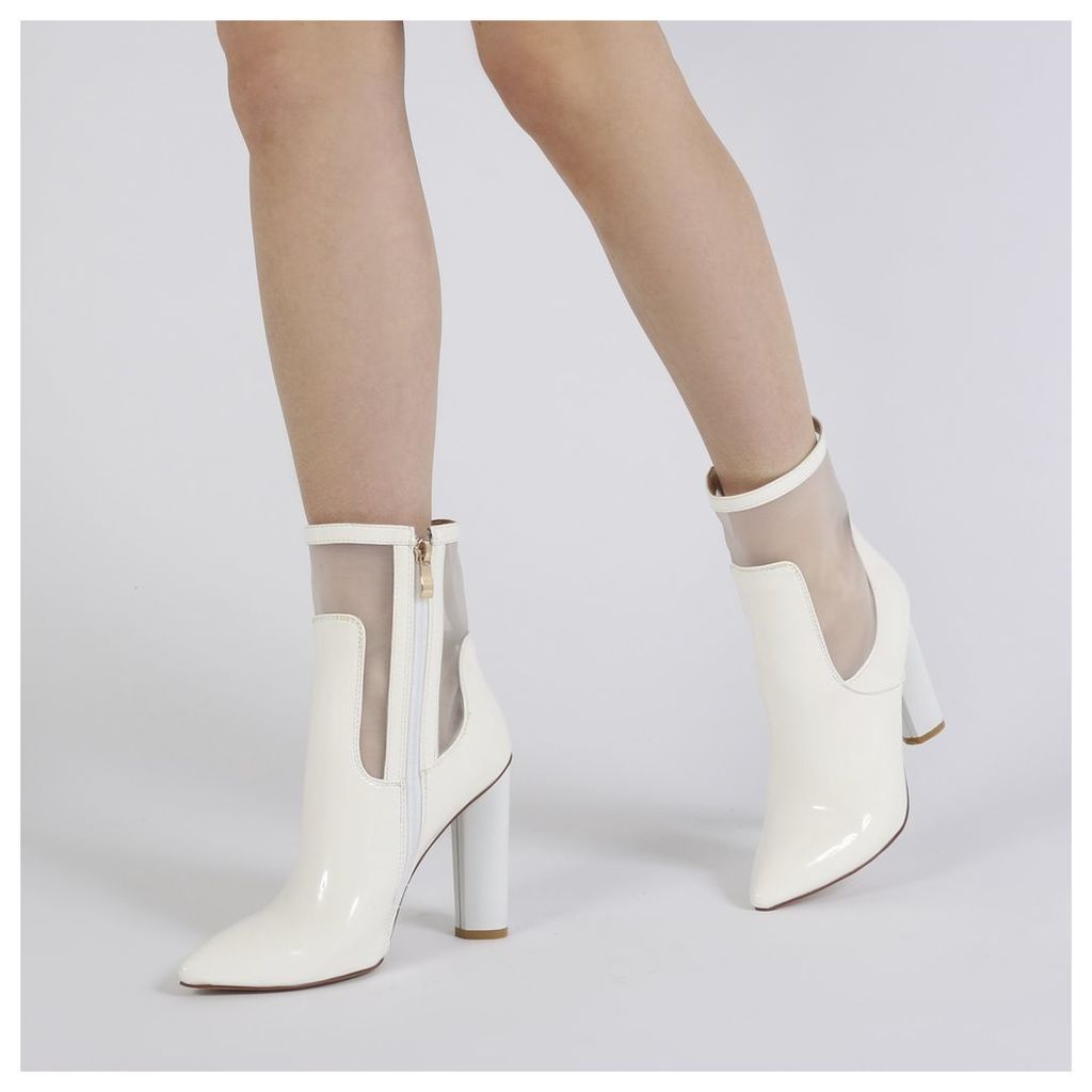 Hadley Pointed Toe Mesh Detail Ankle Boots in White Patent