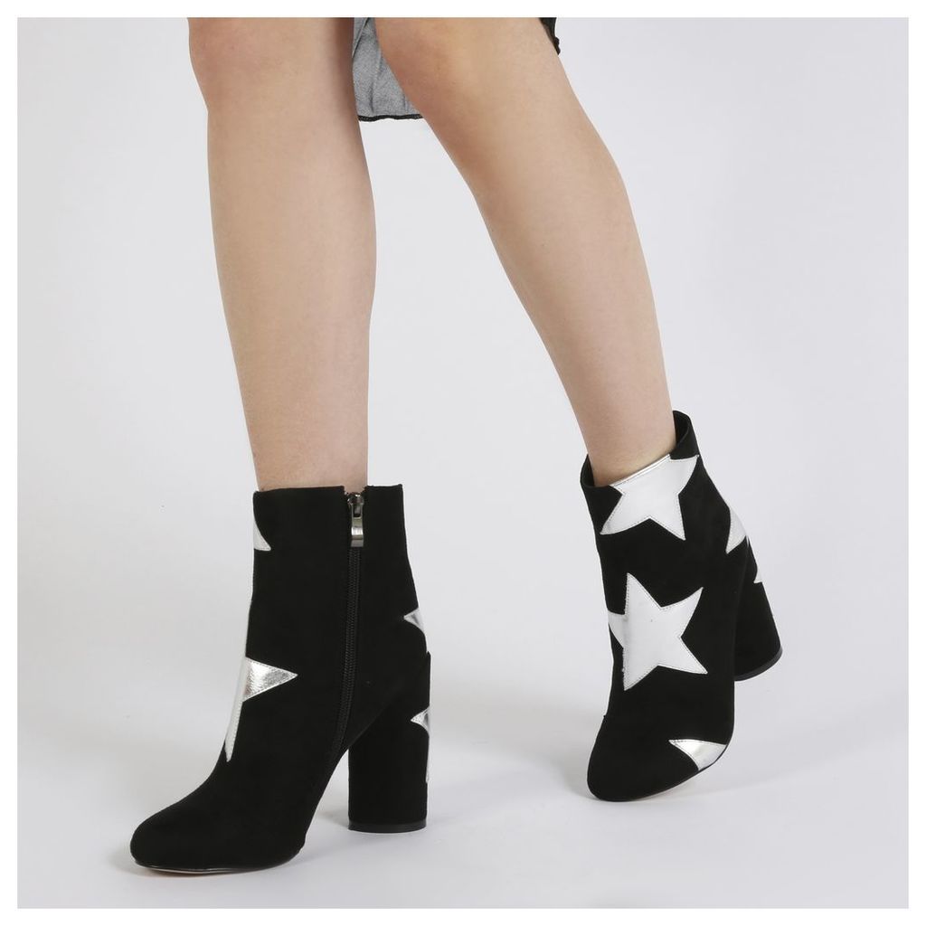 Afra Silver Star Print Ankle Boots in Black Faux Suede