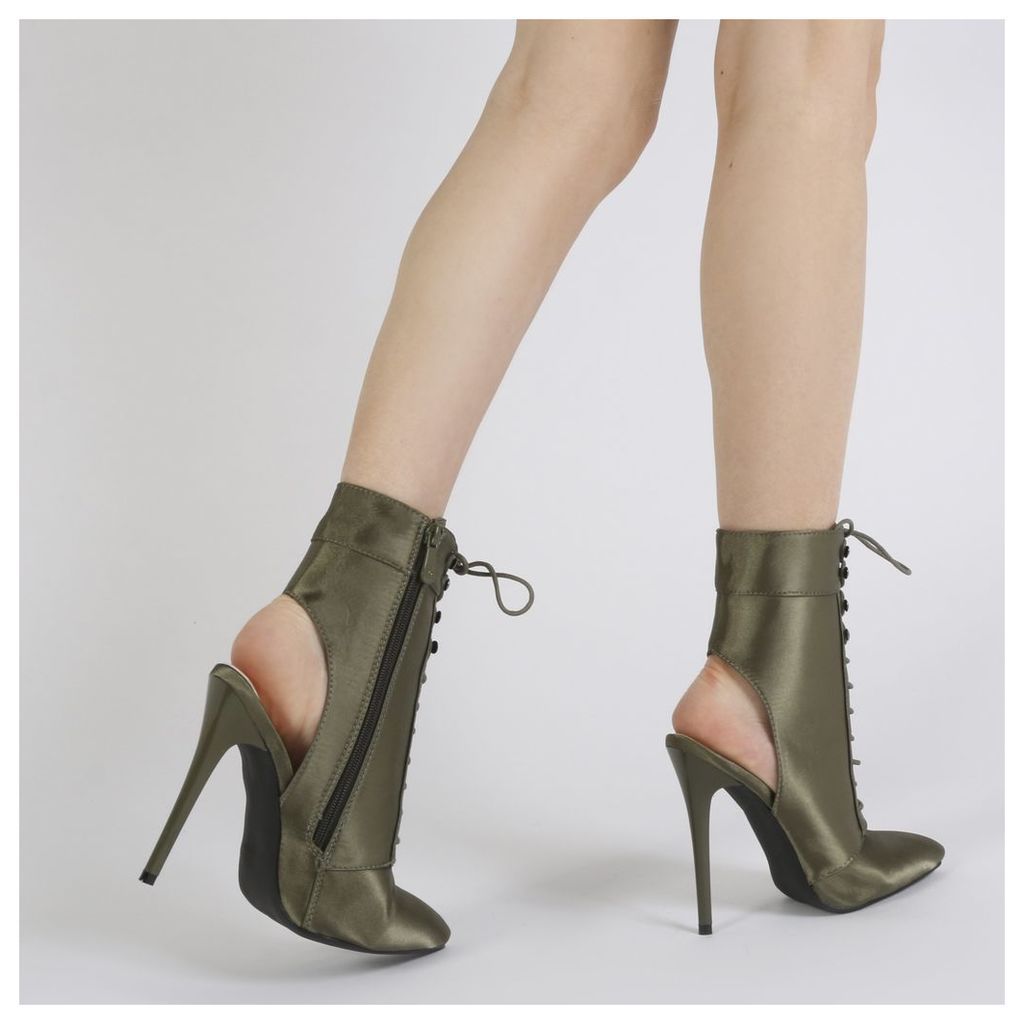 Chyna Cut Out Lace Up Ankle Boots in Khaki Satin