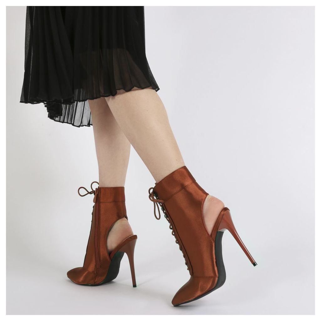 Chyna Cut Out Lace Up Ankle Boots in Rust Satin