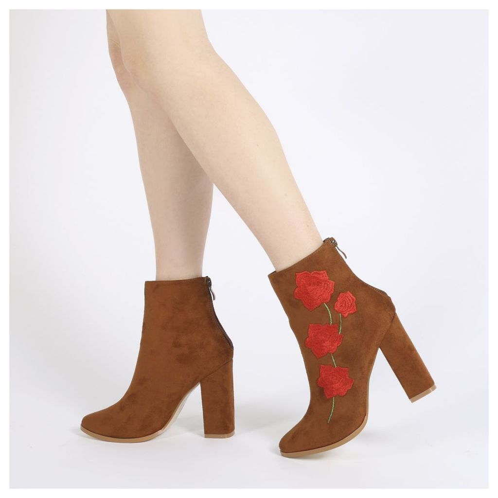 Romeo Rose Embroidered Ankle Boots in Tan Faux Suede