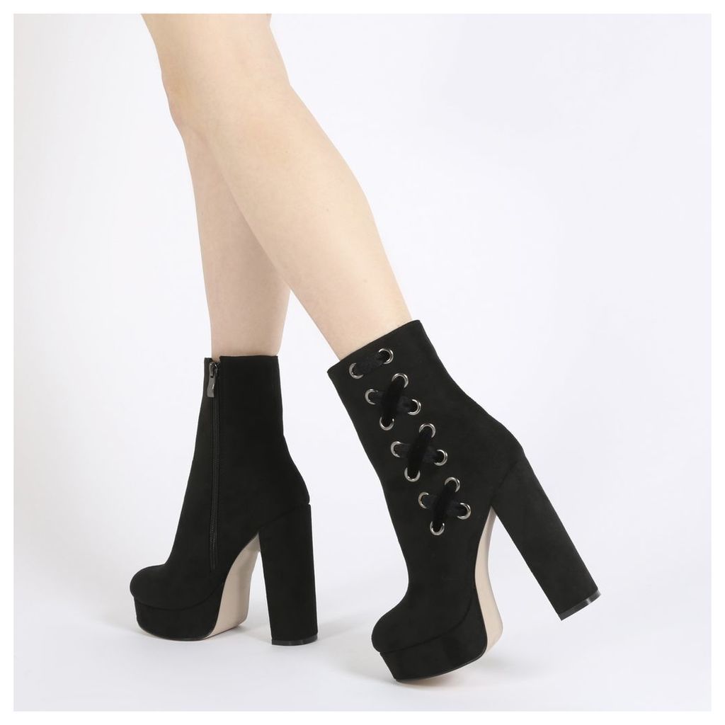 Alisha Velvet Lace Up Platform Ankle Boots in Black Faux Suede