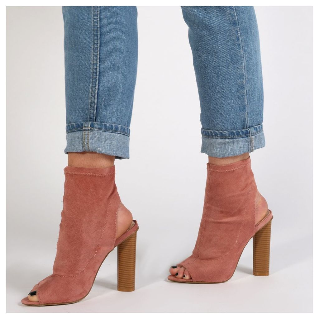 Aliah Cut Out Stacked Heel Stretch Ankle Boots in Rose Pink Faux Suede