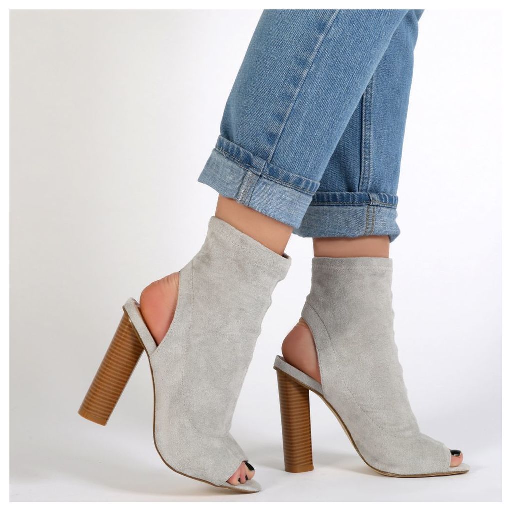 Aliah Cut Out Stacked Heel Stretch Ankle Boots in Light Grey Faux Suede