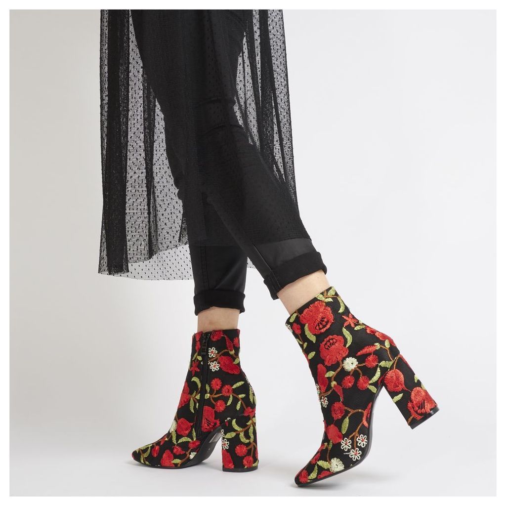 Cleo Red Embroidered Floral Ankle Boots in Black Faux Suede