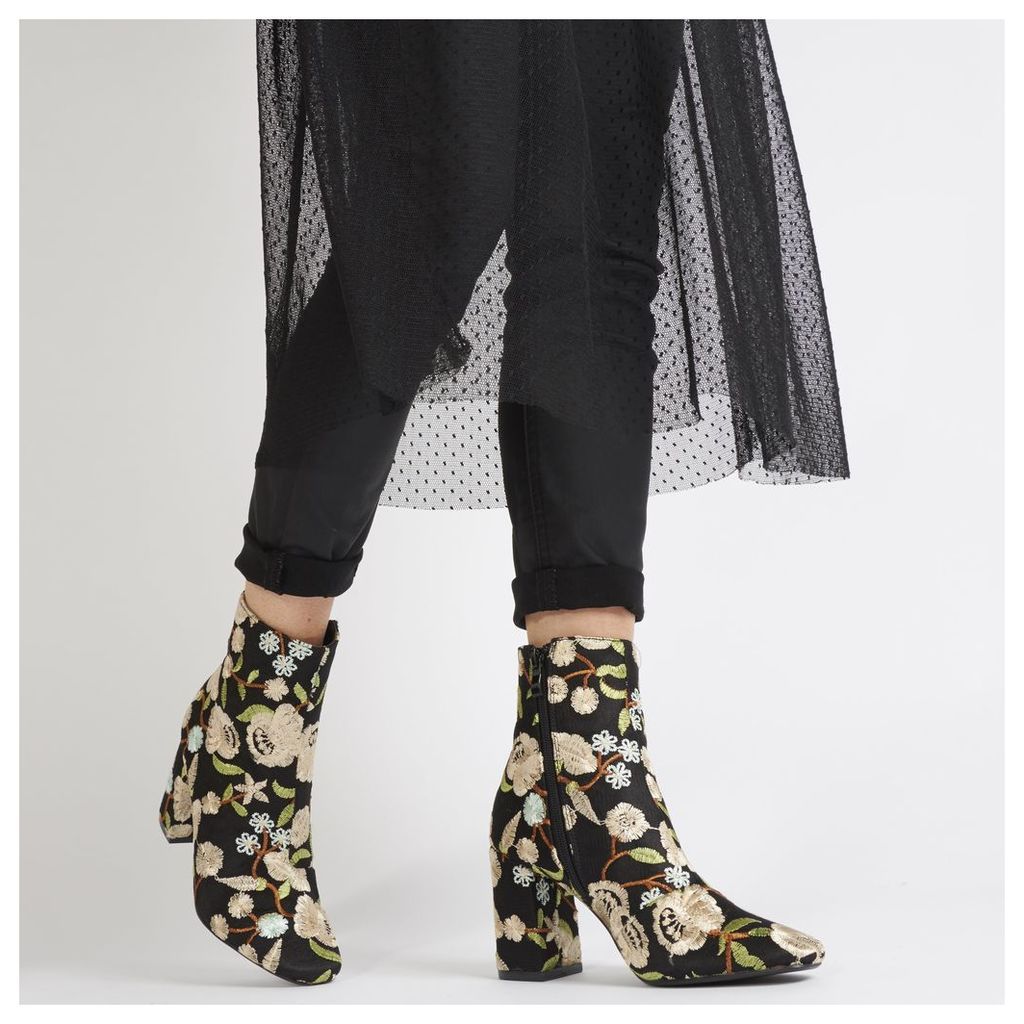 Cleo Nude Embroidered Floral Ankle Boots in Black Faux Suede
