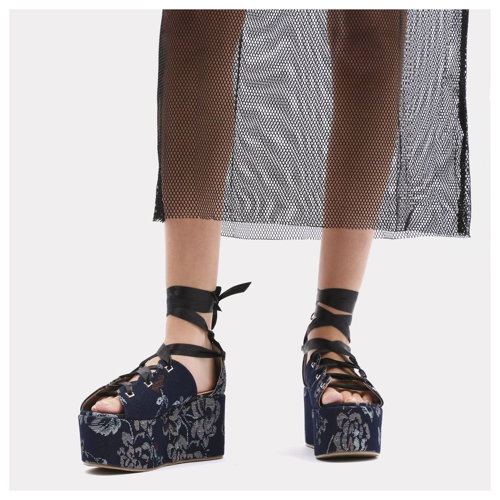 Storm Embroidered Lace Up Flatforms in Blue Denim