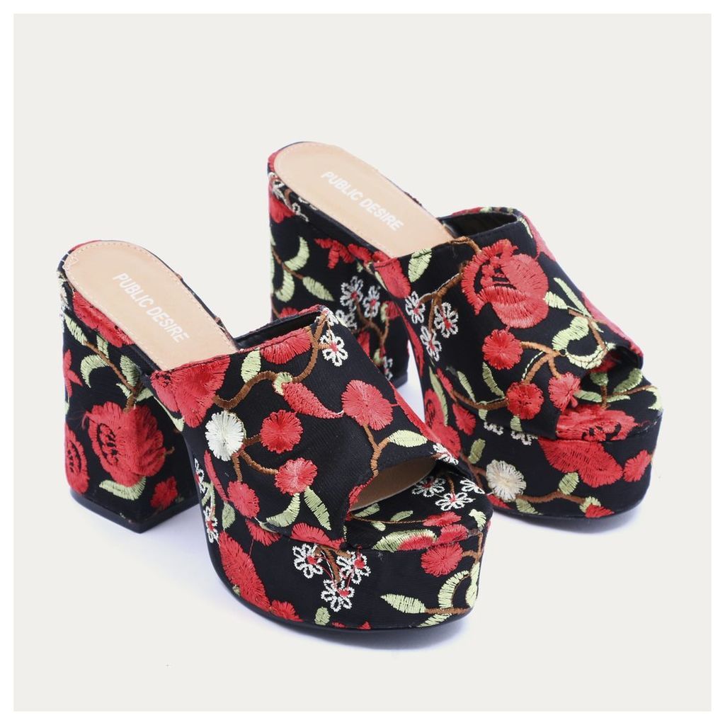 Misty Platform Backless Mules in Red Embroidered