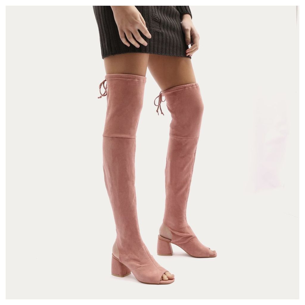 Kodie Flared Heel Over The Knee Boots in Rose Faux Suede