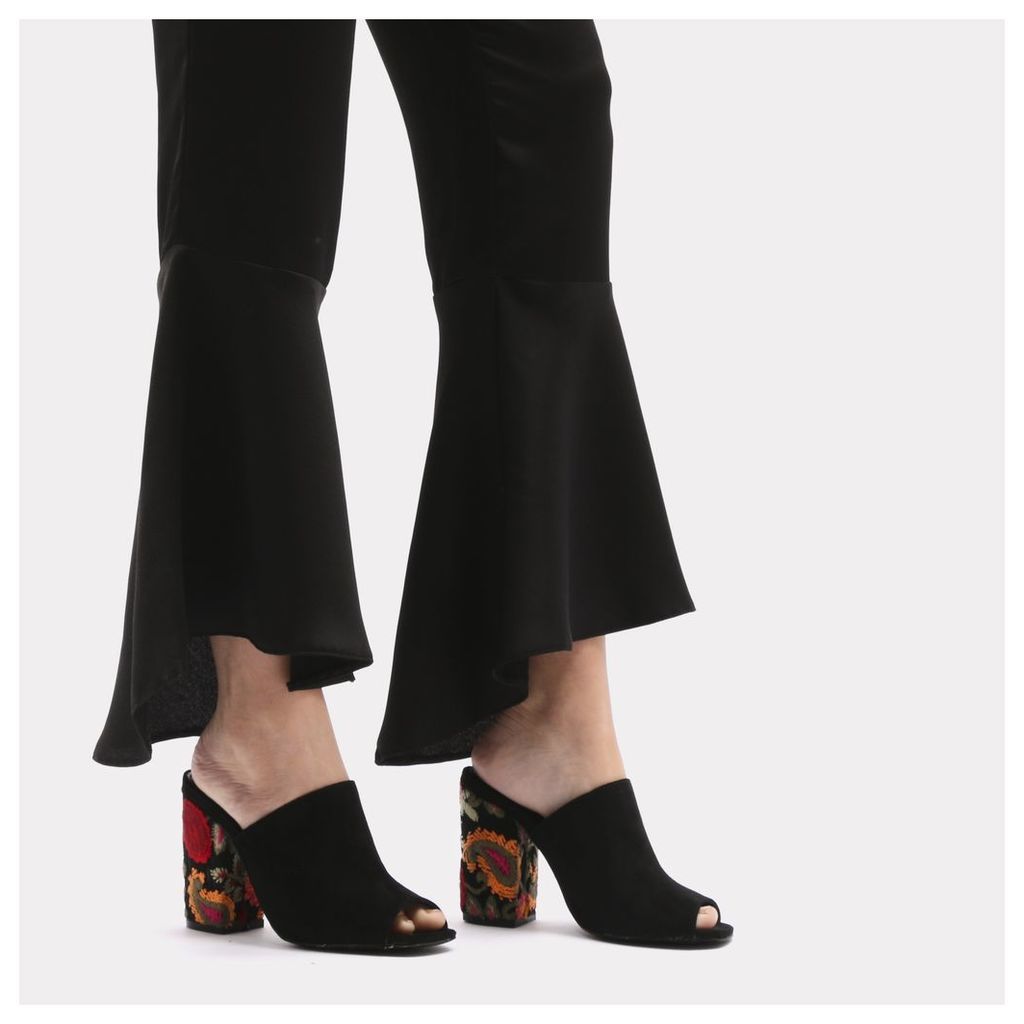 Sian Embroidered Block Heel Mules in Black Faux Suede