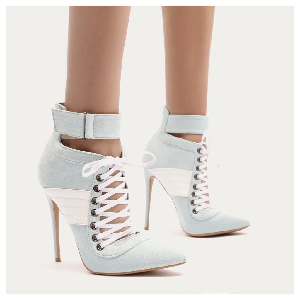 Fifi Lace Up Sport Stripe Strap Boots in Baby Blue Faux Suede