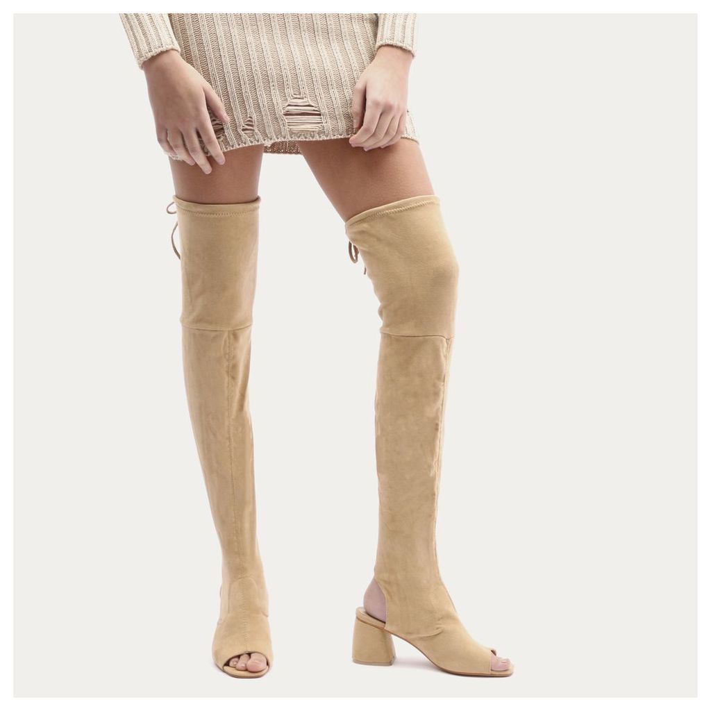 Kodie Flared Heel Over The Knee Boots in Nude Faux Suede