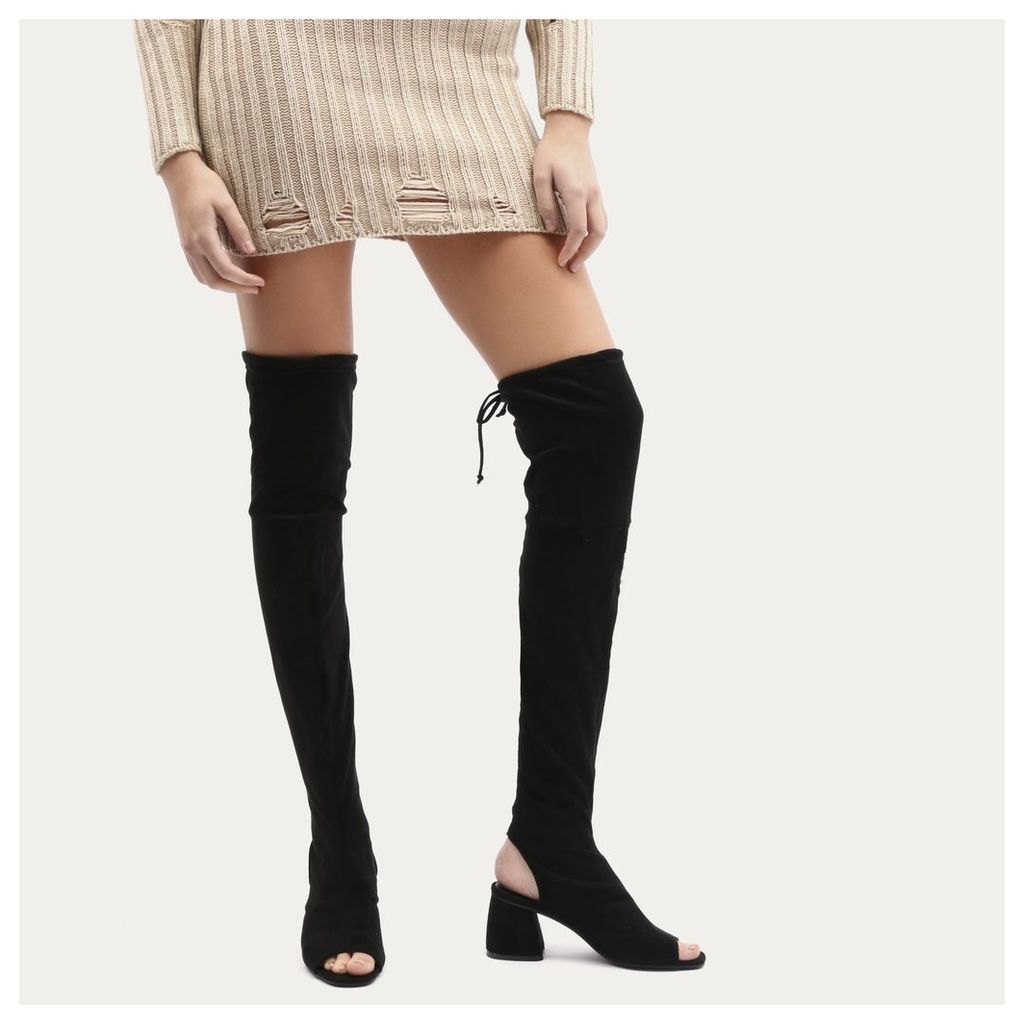 Kodie Flared Heel Over The Knee Boots in Black Faux Suede