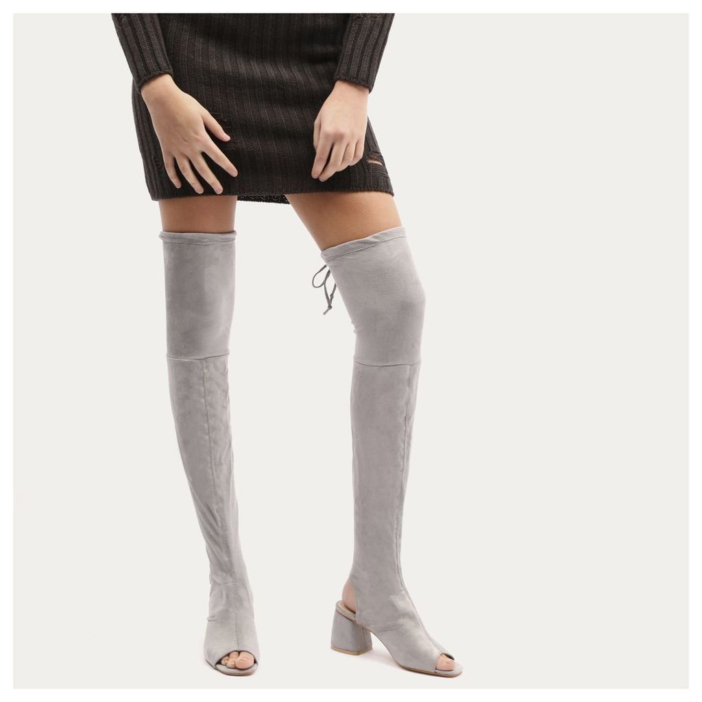 Kodie Flared Heel Over The Knee Boots in Grey Faux Suede